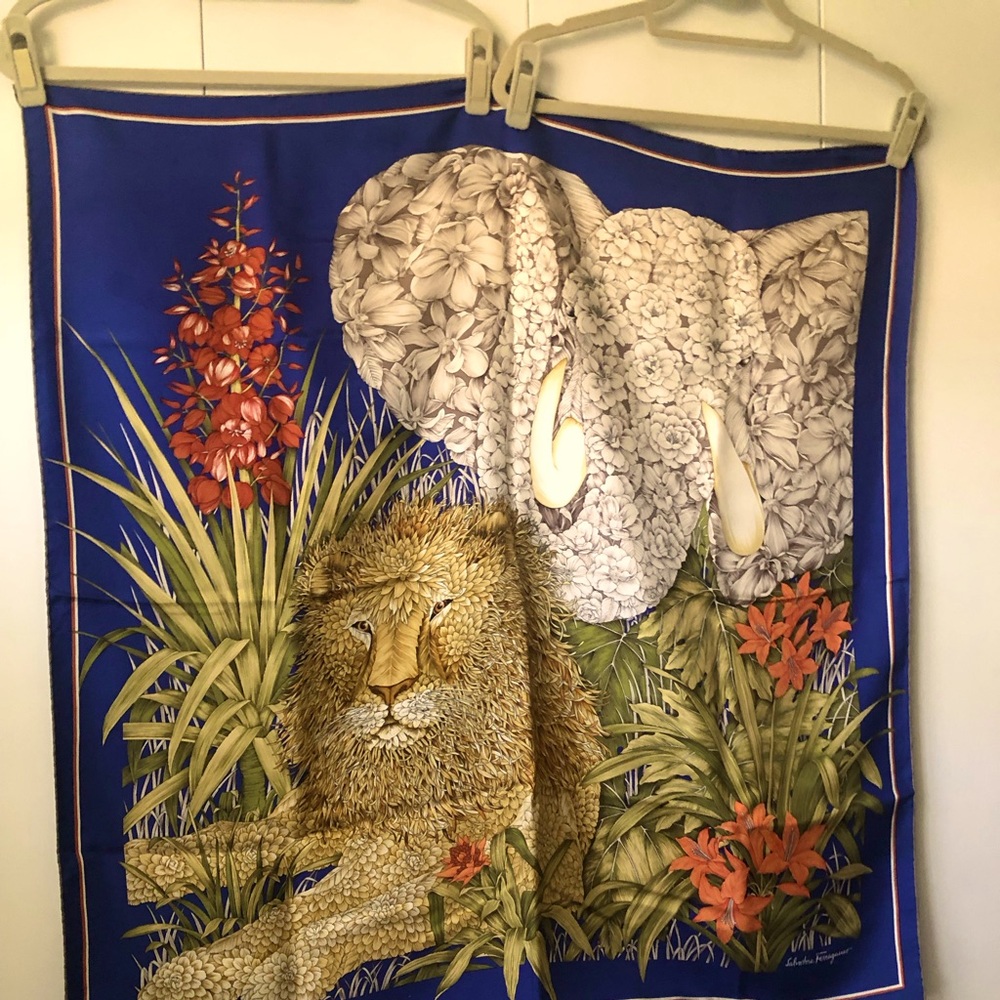 Salvatore Ferragamo Vintage Silk Scarf with Animal and Floral Motif